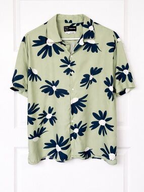 Original Use Green Floral Camp Collar Shirt XL Rayon Resort Button Up